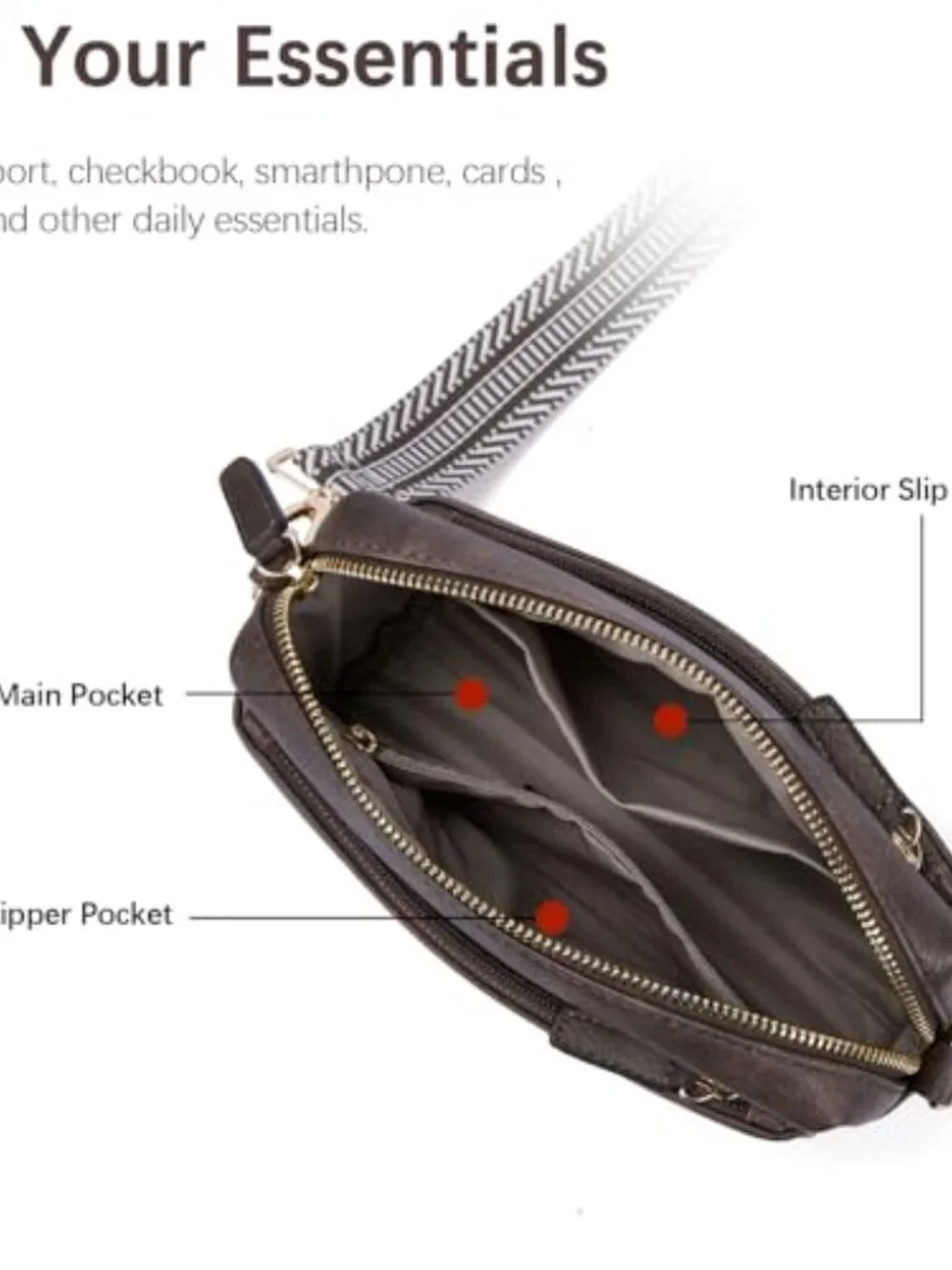 Triple Zip Vegan Leather Crossbody Purse with Guitar Strap for Women
